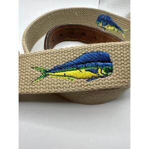 Men’s Zeppelin Leather and Fabric Belt, Embroidered Mahi Fish Brass Buckle Sz 42